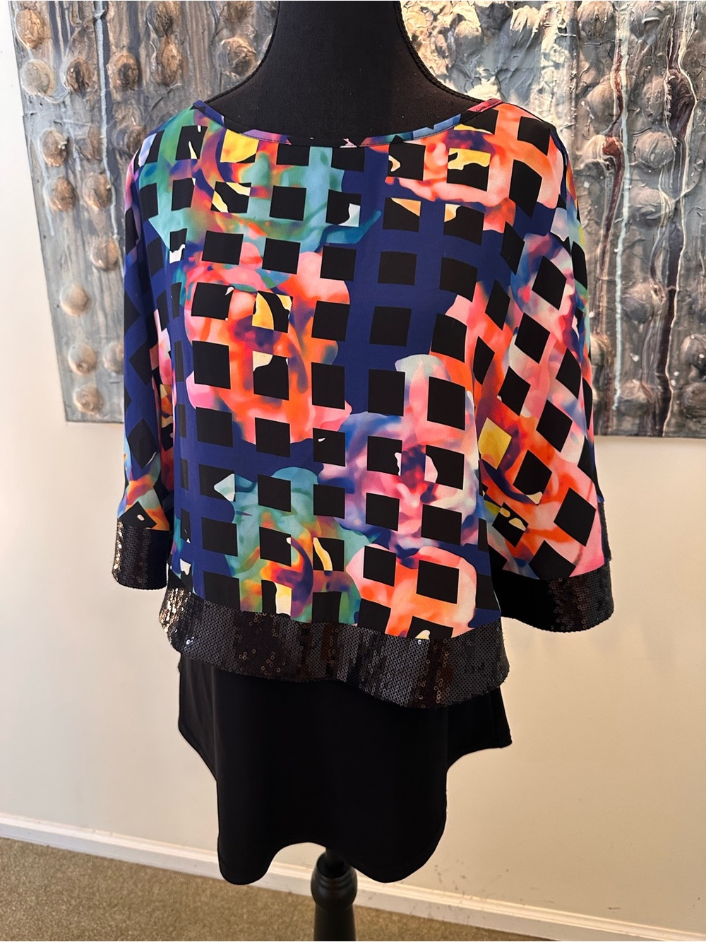 Joseph Ribkoff 12 Multicolor Geometric Overlay Cape Tunic with Sequin Hem